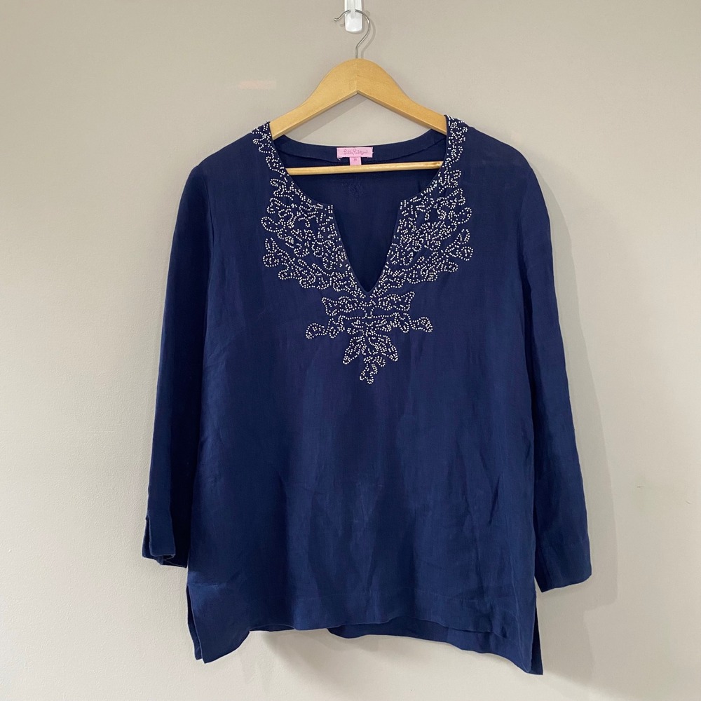 Lilly Pulitzer Navy Blue 100% Linen Beaded Amelia Island Tunic Top Womens Medium